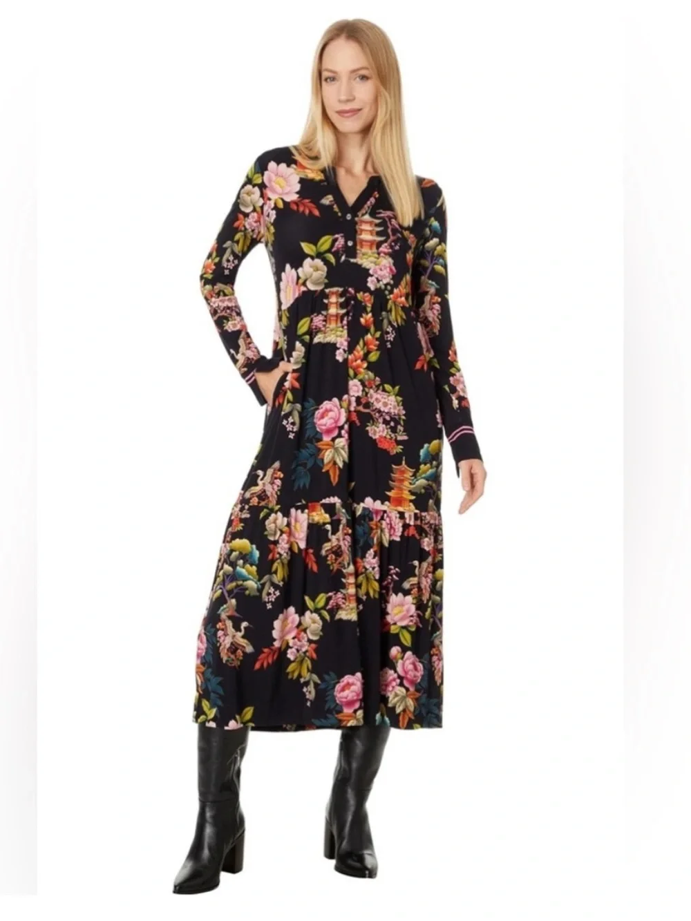 NWT JOHNNY WAS
Janie Floral Print Bamboo Knit Split V-Neck Long Sleeve Dress - Picture 7 of 8